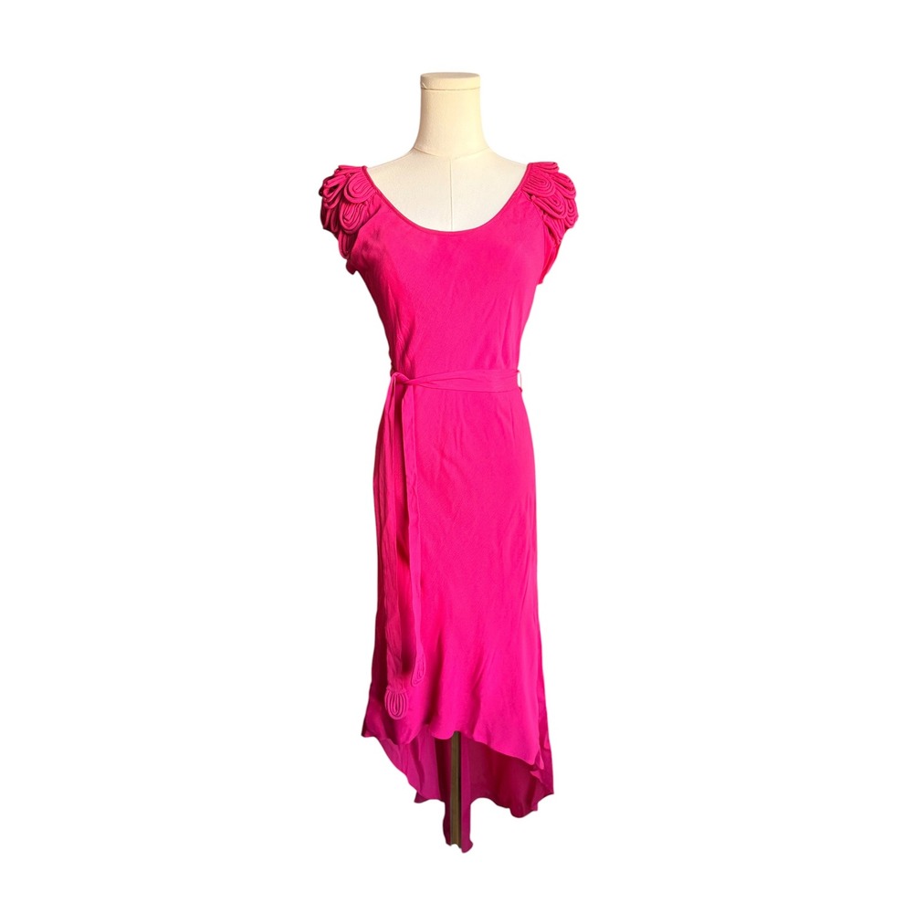 Yoana Baraschi Glam Pink Rosette Cap Sleeve High-Low Silk Dress 9D289 Womens S